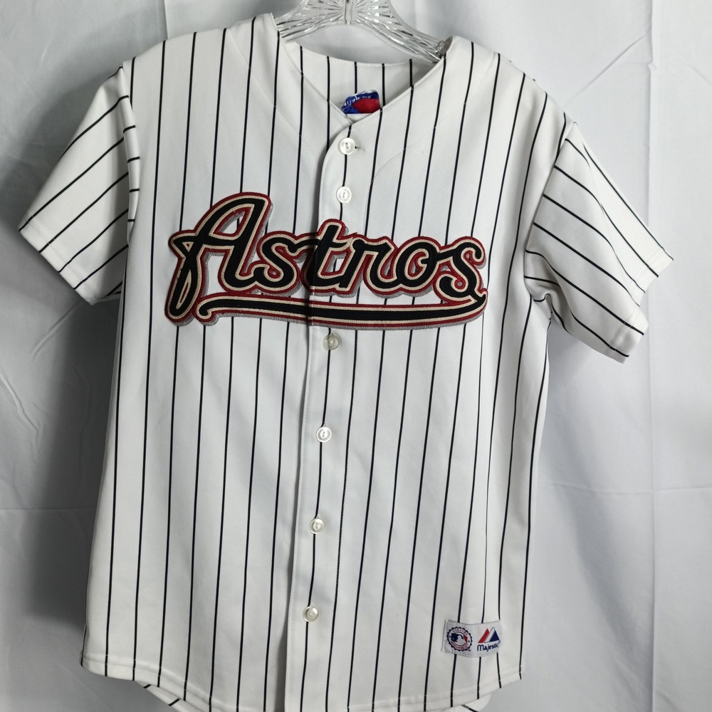Houston Astros Jersey Mens S Majestic Pinstripe White Button Up Sewn Logo MLB